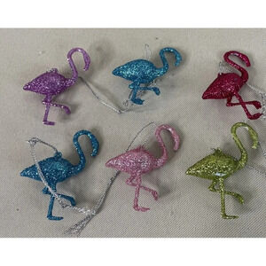Flamingo‎ Birds Set Of 6 Neon Mini Ornaments Glitter Christmas Holiday NEW